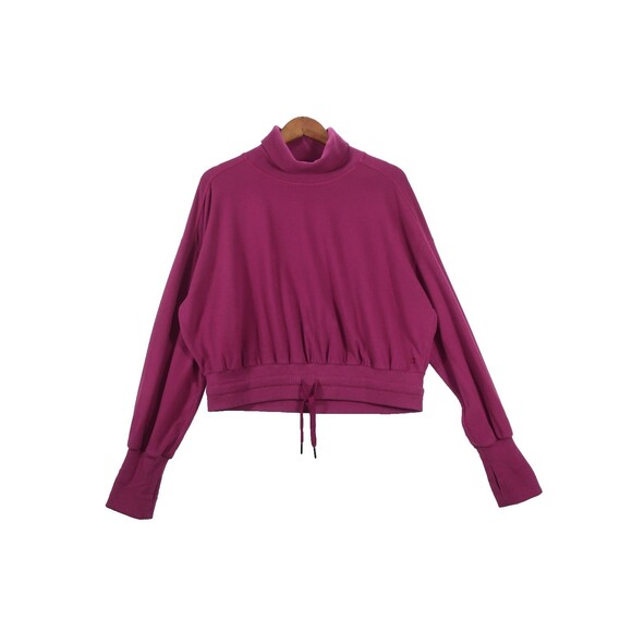 Sweaty Betty Pink Fuchsia Cropped Turtleneck Drawstring Velour Sweatshirt Yoga L - Picture 1 of 7